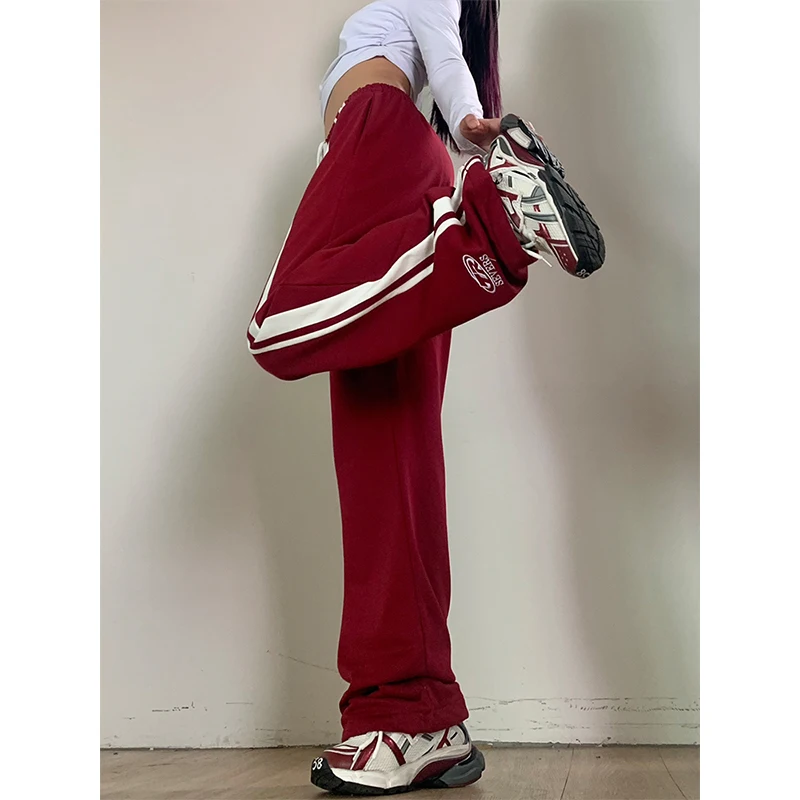 Y2K Pant Women Drawstring Pockets Wide Leg Chic Cotton Pants Red High Quality Baggy Striped Sports Parachute Jogger Trousers New