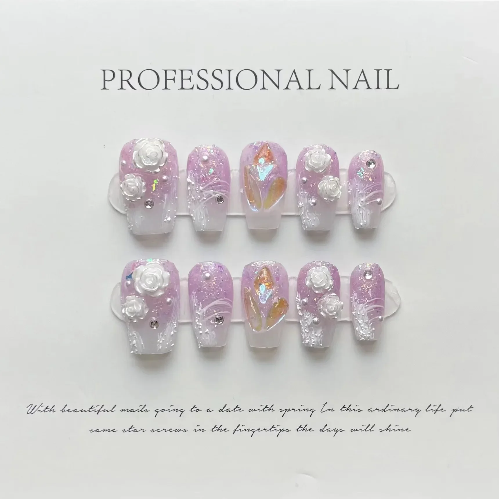 10Pcs Handmade Press On Nails Camellia Design Reusable False Nails Full Cover French Ballerina Wearable Artificial Nail Tips Art