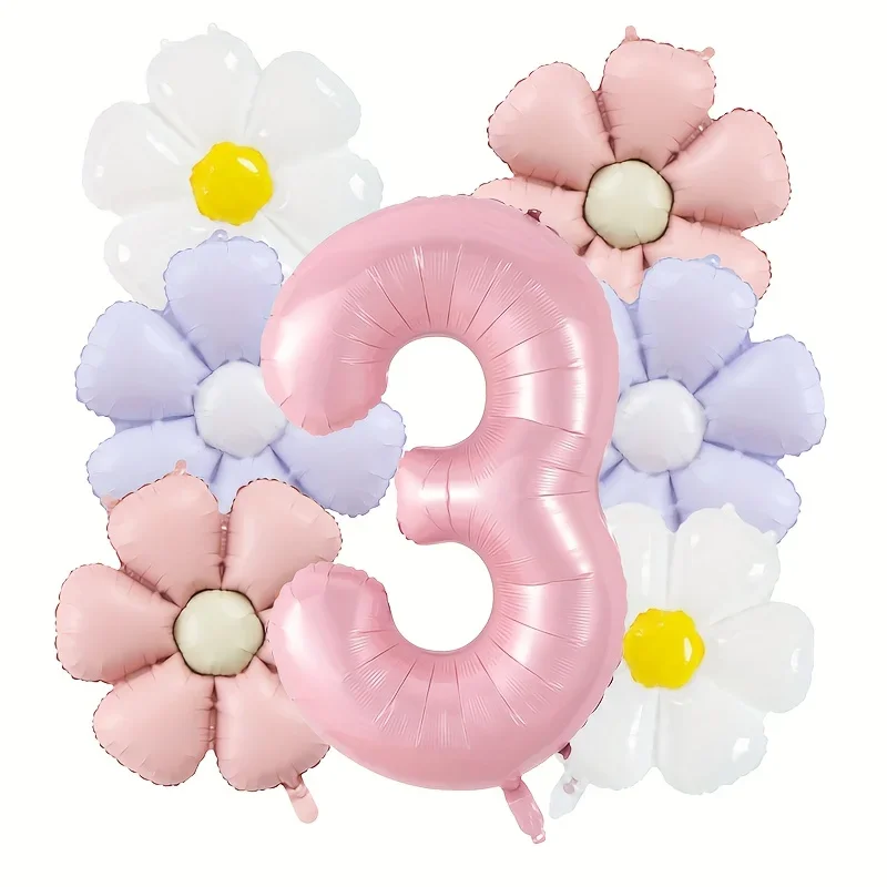 7pcs Pink Daisy Digital Balloon Set Retro Matte Daisy Suitable for Garden Parties Birthday Decorations and Home Atmosphere Decor