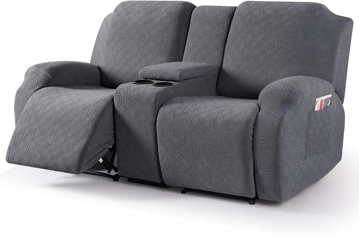 Stretch Reclining Sofa Slipcover with Middle Console for 2-Seat Jacquard Couch, Dark Gray Furniture Protector