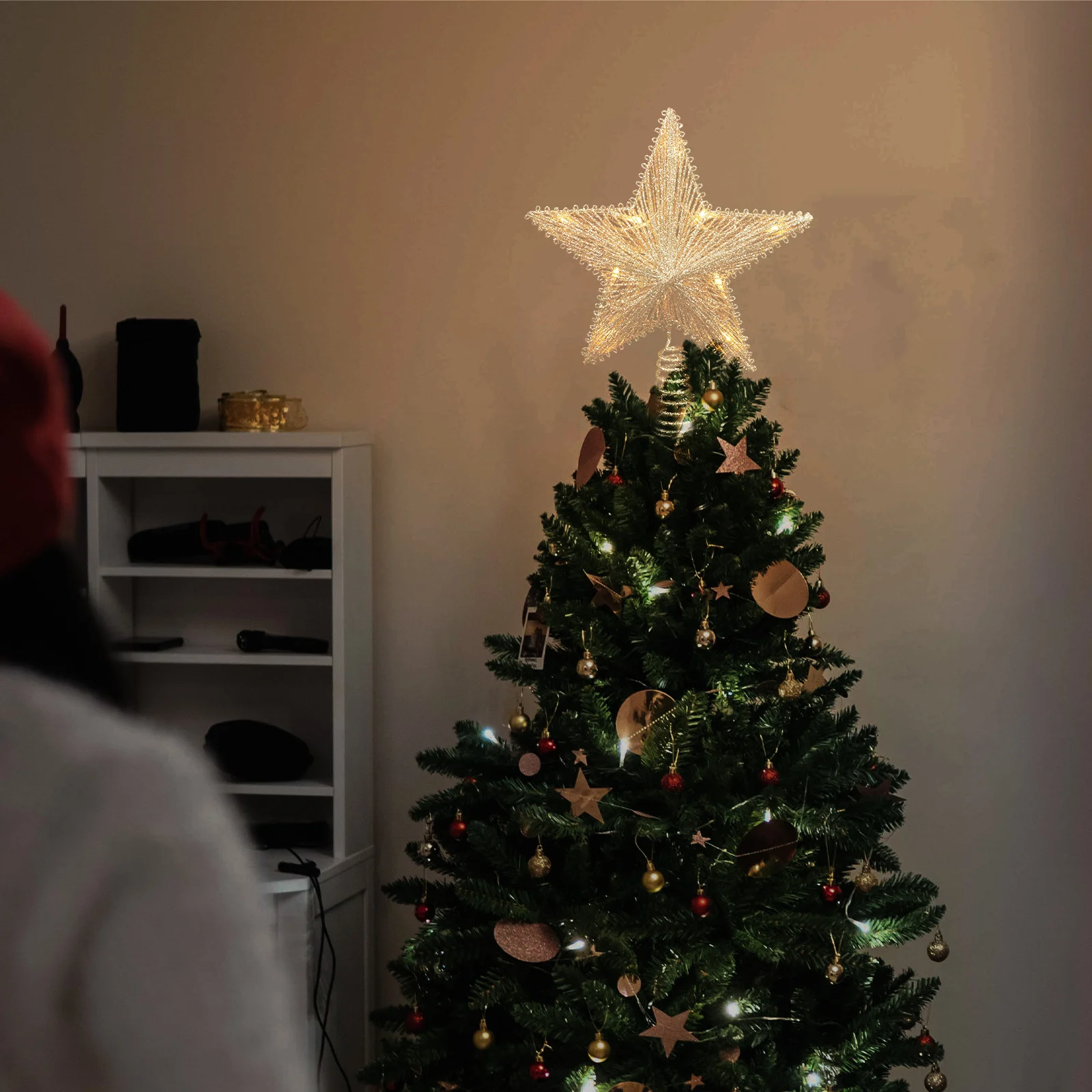 

Glowing Tree Five Pointed Light Star Xmas Decor Yarn Christmas Topper Golden Luminous Five pointed Star Party Supply