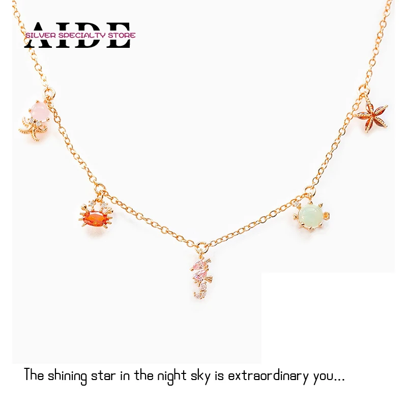 Aide 925 Sterling Silver Necklaces 2021 Trendy Beach Colored Zircon Marine Octopus Starfish Animal Necklace Charms Jewerly Gifts