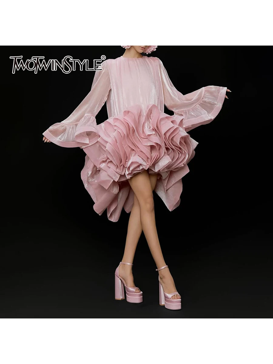 

TWOTWINSTYLE Solid Chic Spliced Folds Dresses for Women Round Neck Long Sleeve High Waist Loose Mini A Line Dress Female Fashion