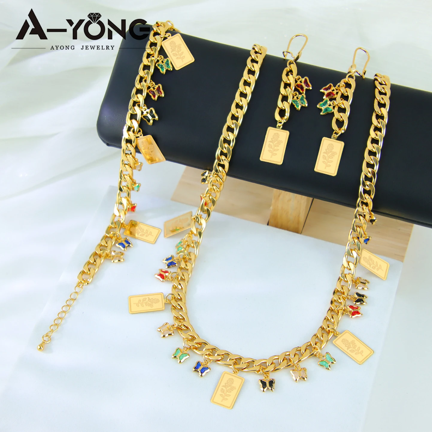Arabisches Quasten-Blumenschmuckset, 24k vergoldet, elegante Zirkonia-Schmetterlingskette, Armband, Ohrringe, nigerianischer Hochzeitsschmuck – Detail 7