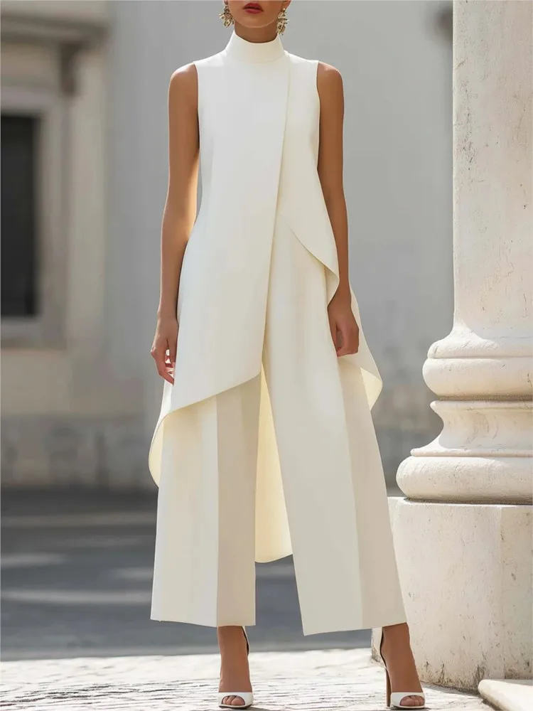 

Fashion New Slim Irregular Woman Suit Summer Casual Solid High Collar Sleeveless Stacked Wide Leg Pants Two-piece Set For Women