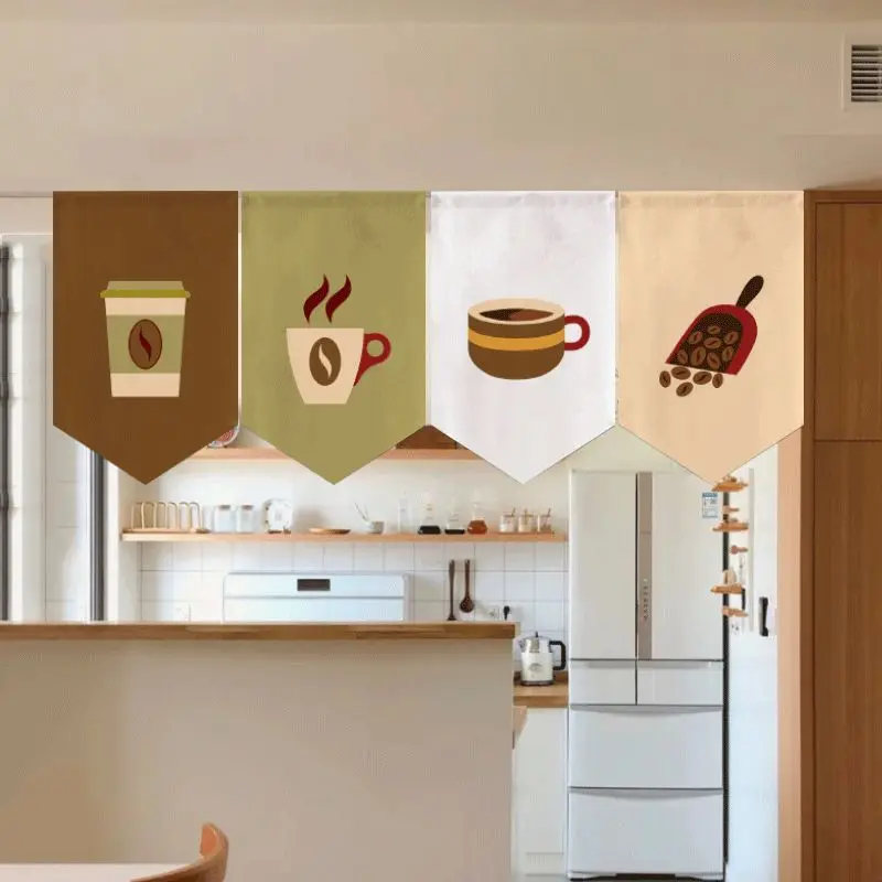 VIKAMA Bakery Icon Triangular Curtain Brown Bread Drink Dessert Cupcake Cafe Kitchen Window Valance Banner Decor Retro Style