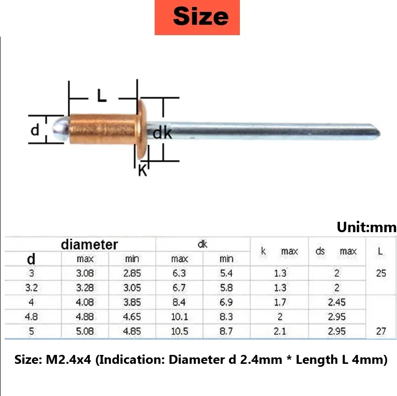 M2.4 M3.2 M4 M4.8 Red Copper Core Pulling Rivets High Strength Open Type Round Head Copper Pull Nails GB12618.520 Series