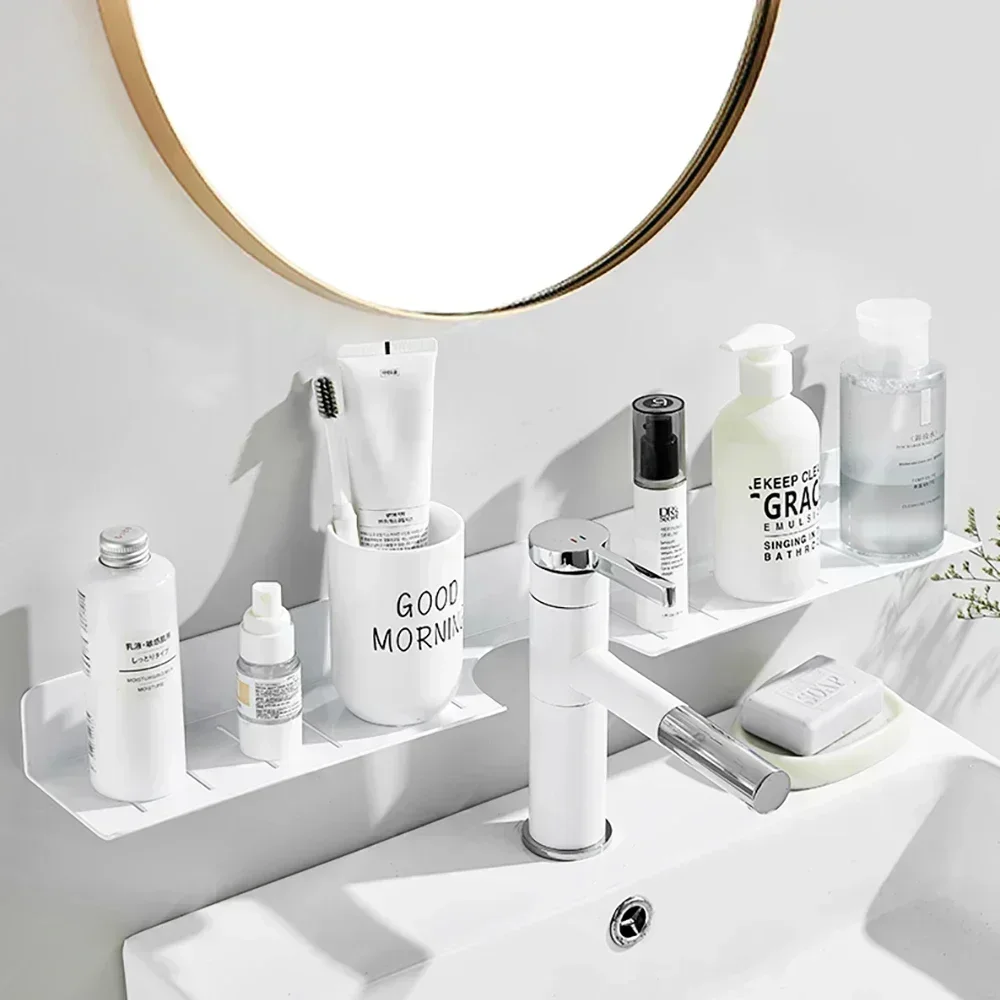 30-60cm Punch-Free Bathroom Accessories Wall-Mounted Faucet Cosmetic Storage Rack Mirror Front Shelves