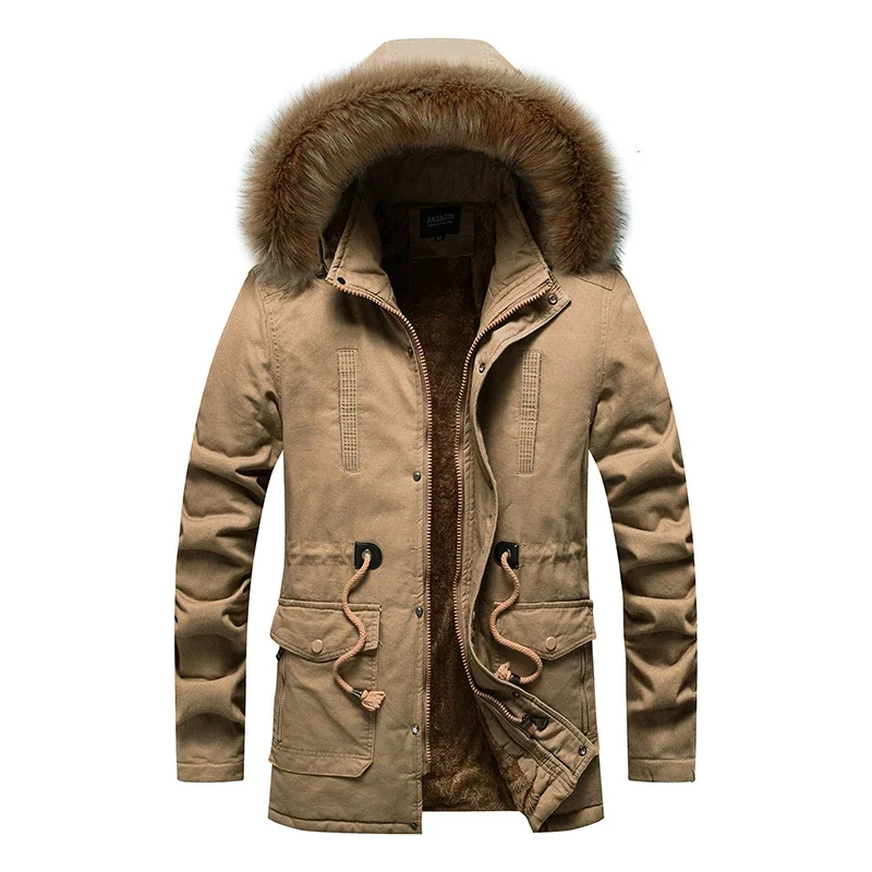 Men's Winter Warm Jacket Thicken Windbreaker Cotton Cargo Parka Coats with Removable Hood Fleece-lined Coat