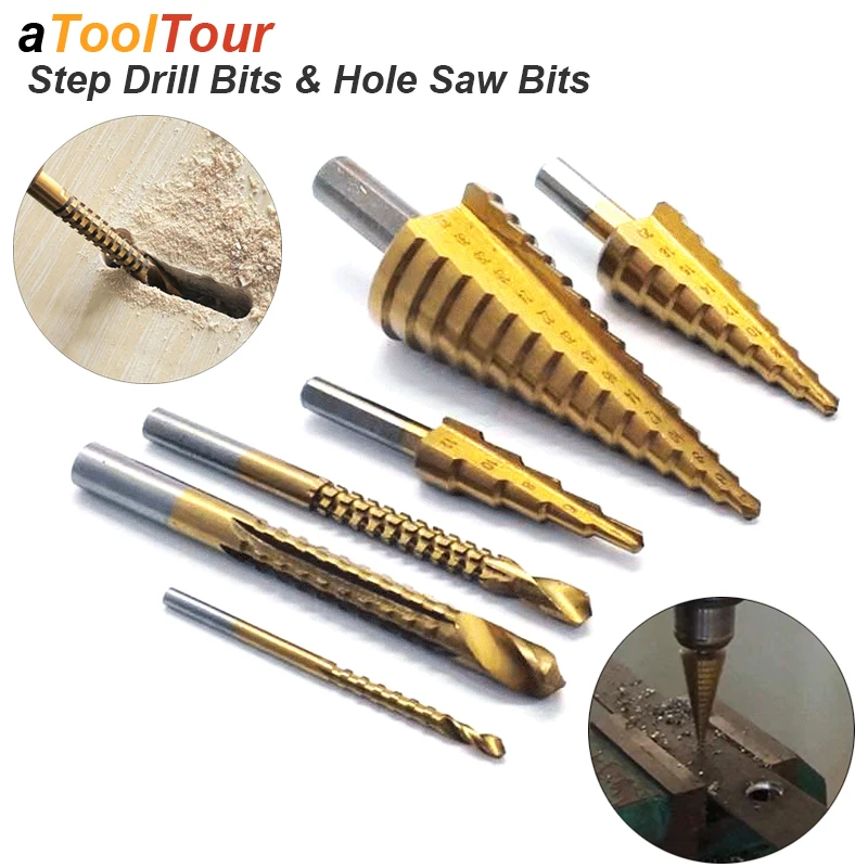 Step Drill Bit Serrated Twist Side Cut Cone Groove HHS Titanium Coated Core Hole Saw Metal Wood Stainless Steel Aluminium Work