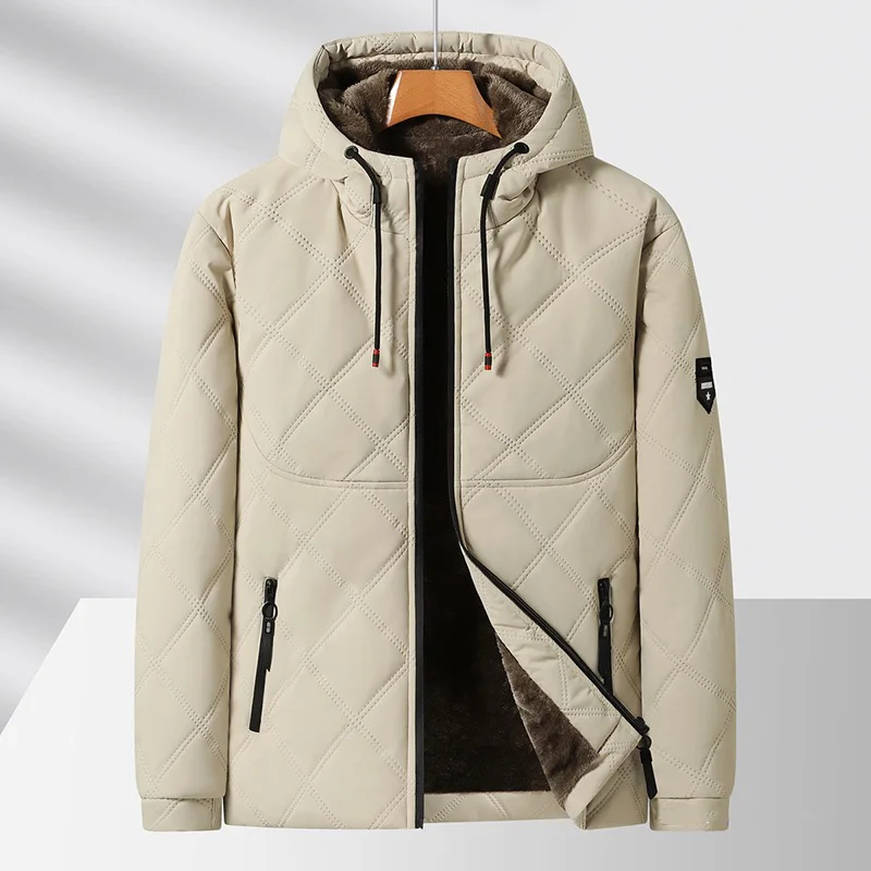 

Man Jacket Winter Thicken Fleece Warm Solid Color Plaid Male Outerwear Long Sleeve Zipper Windproof Men Hooded Plush Coat