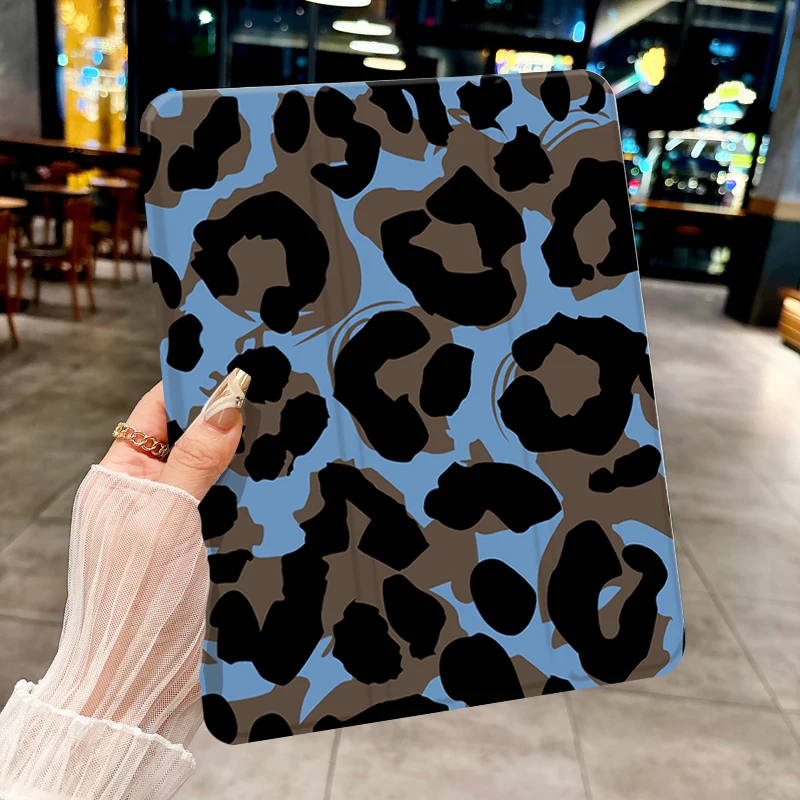 

Blue and brown leopard print tri-fold Tablet CASE For iPad pro 10/11/2020/6th/7th /8th /Air 3rd/Air 4th/9th gen/Air 5th Gen 2022