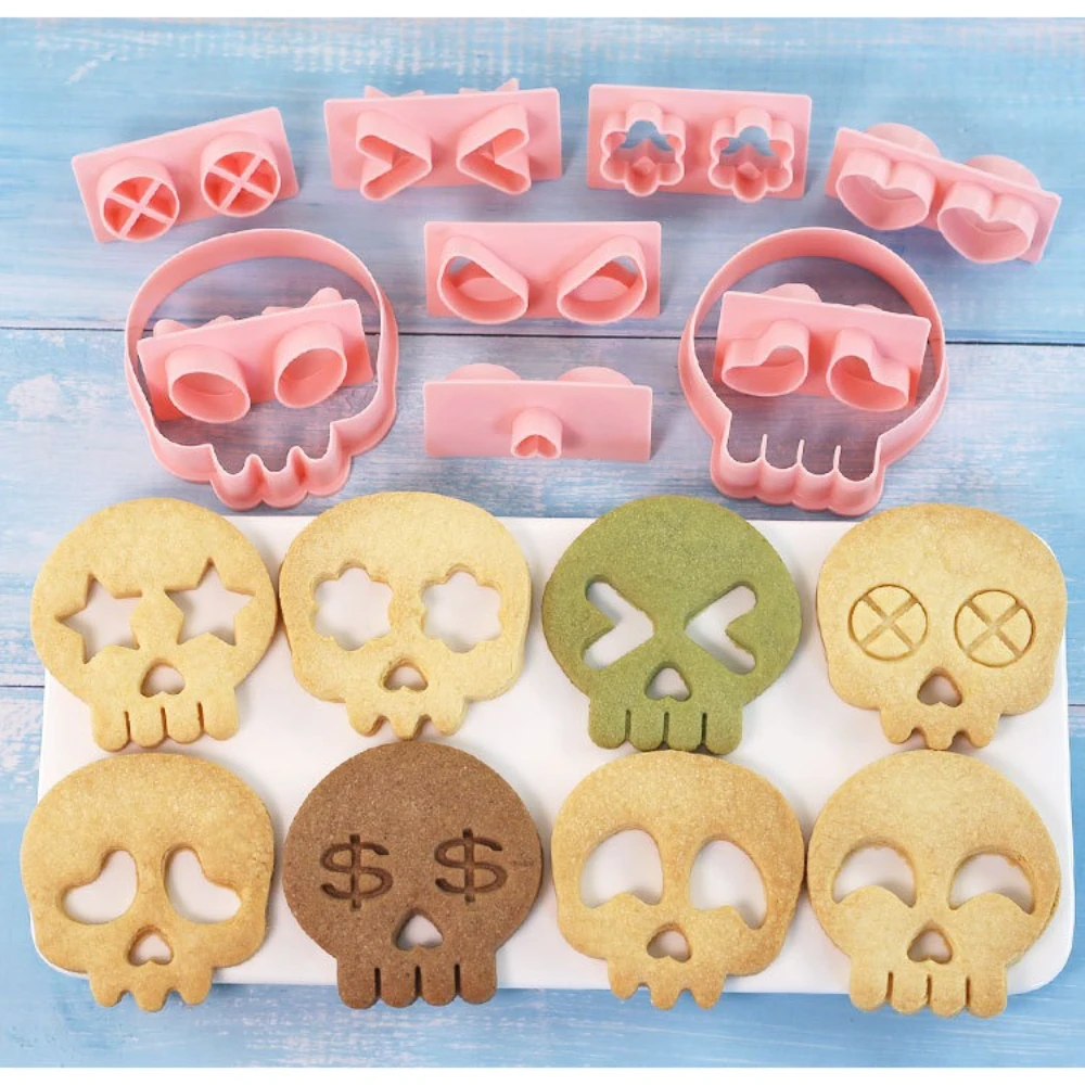 

10PC set Ghost Face Biscuit Stamp Mold Halloween Skull Cookie Cutter Cartoon Patterned DIY Fondant Embosser for Baking CakeTools