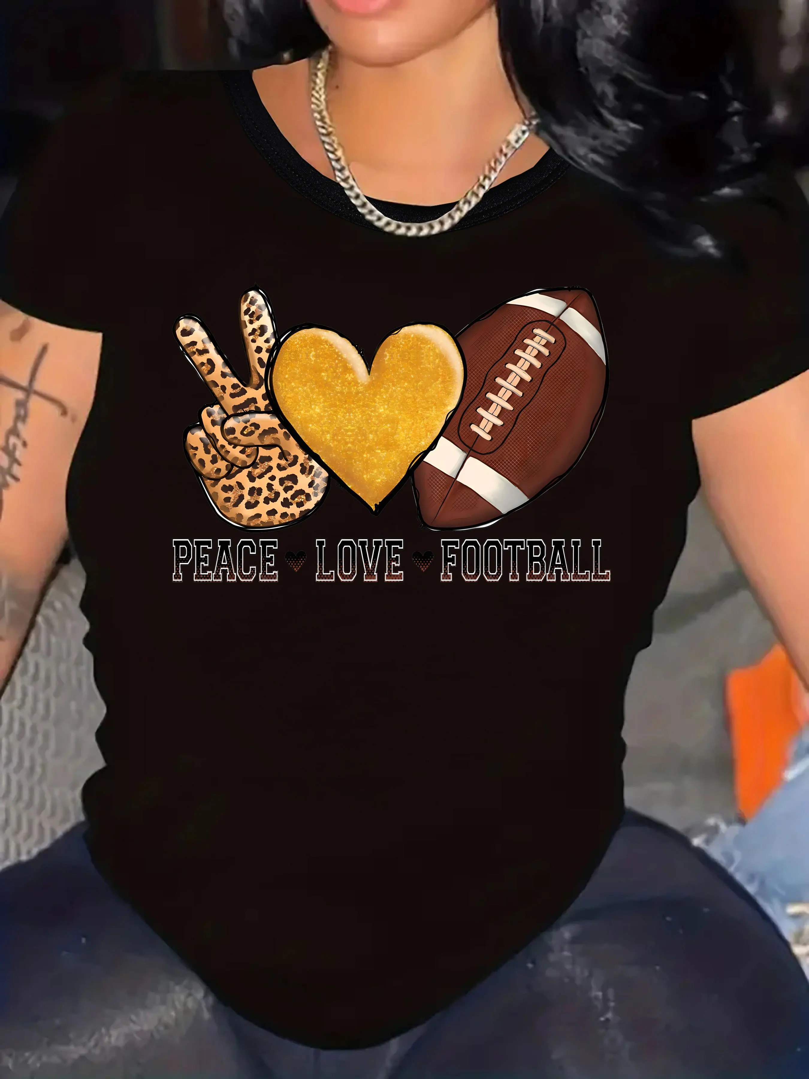 Women's Plus Size Football Graphic T-Shirt Peace Love Football Print with Leopard Accents Casual Short Sleeve Crew Neck Top