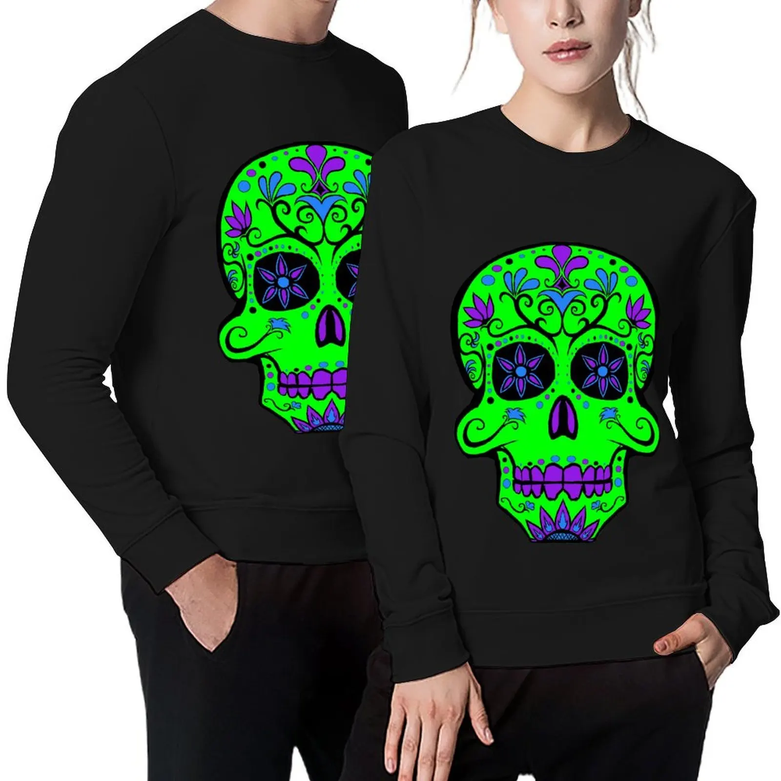 

Day of the Dead skull 1 green and purple Pullover men wear aesthetic clothing korean clothes fashion men hooded sweatshirts