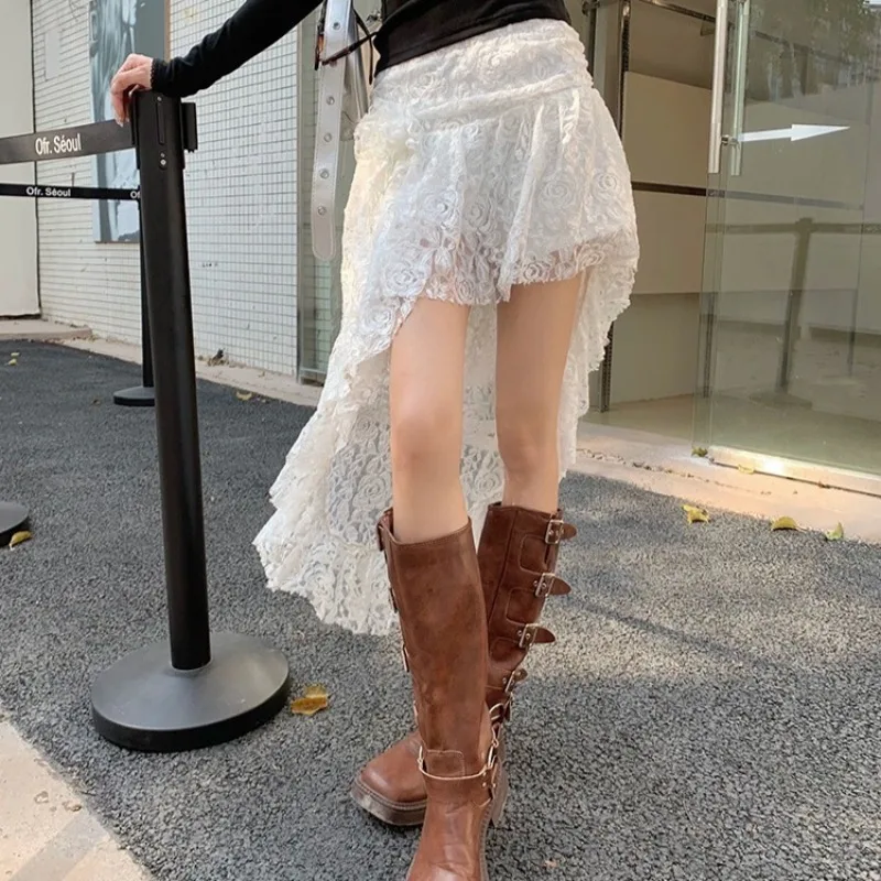 

Irregular Lace Hollow Out High Waist A-Line Skirt Women Spring Petite Casual Elegant Slim Fit
