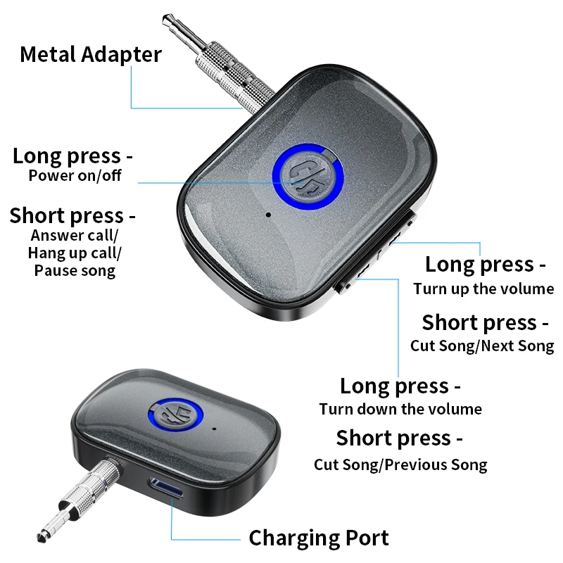 자동차 무선 오디오 수신기 블루투스 5.3 송신기 3.5mm AUX 무선 오디오 어댑터 자동차 음악 스피커 용 무선 오디오