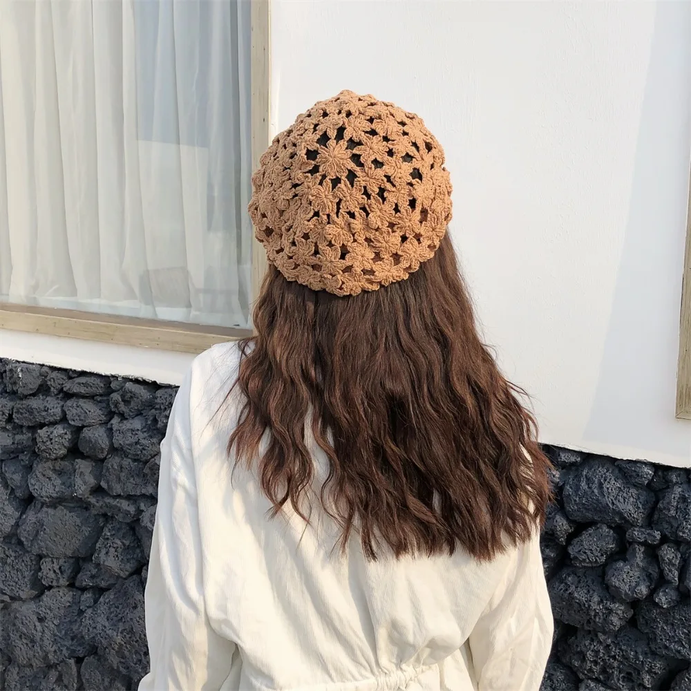 Breathable Hollowed Out Beret Hat Cotton Japanese Style Lace Hollow Flower Hat Fashionable Vintage Spring Crochet Knitted Cap