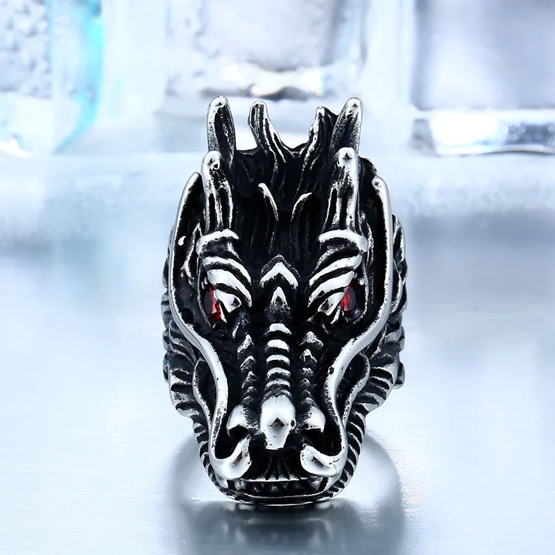 BEIER 316L Stainless Steel Dragon Head Ring With Black Red Eyes Ring Biker Rock Personality Animal Jewelry