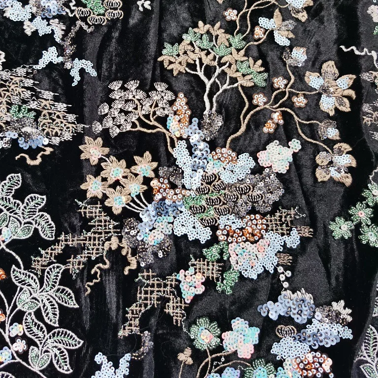 

New sequined bead floral embroidery on black velvet fabric, heavily crafted for women's clothing, dresses, designer fabric