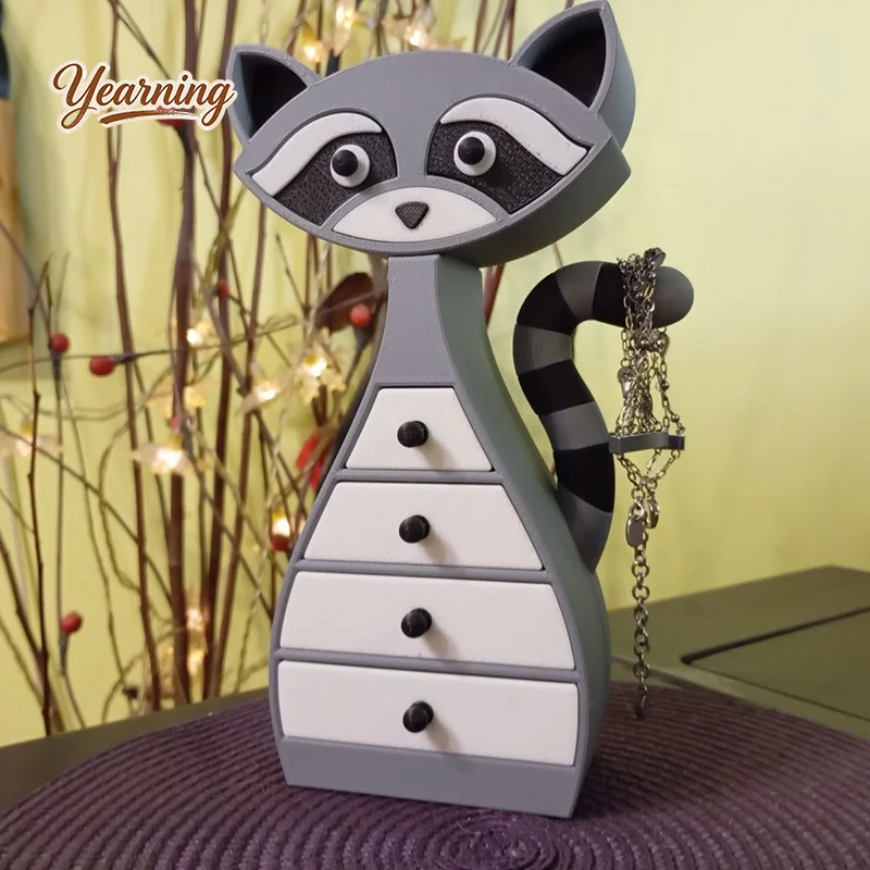 

3D Printed Cute Raccoon Drawer Jewelry Box with Compartments for Earrings Rings Necklace Dresser Organizer