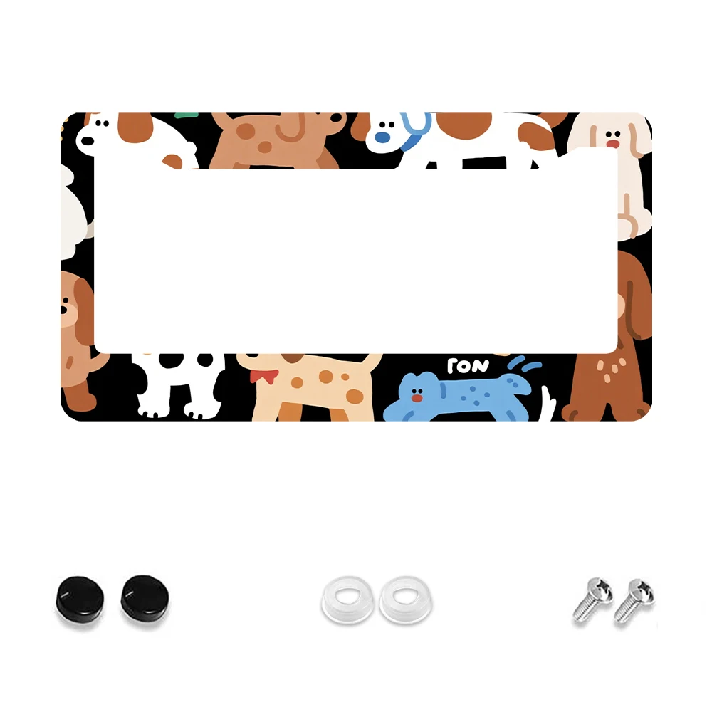 

1pc Black Colorful Dogs Pattern 2 Hole License Plate Frame, Cartoon Design Aluminum Material, 6x12 Inches with Screw Kit, Fun C