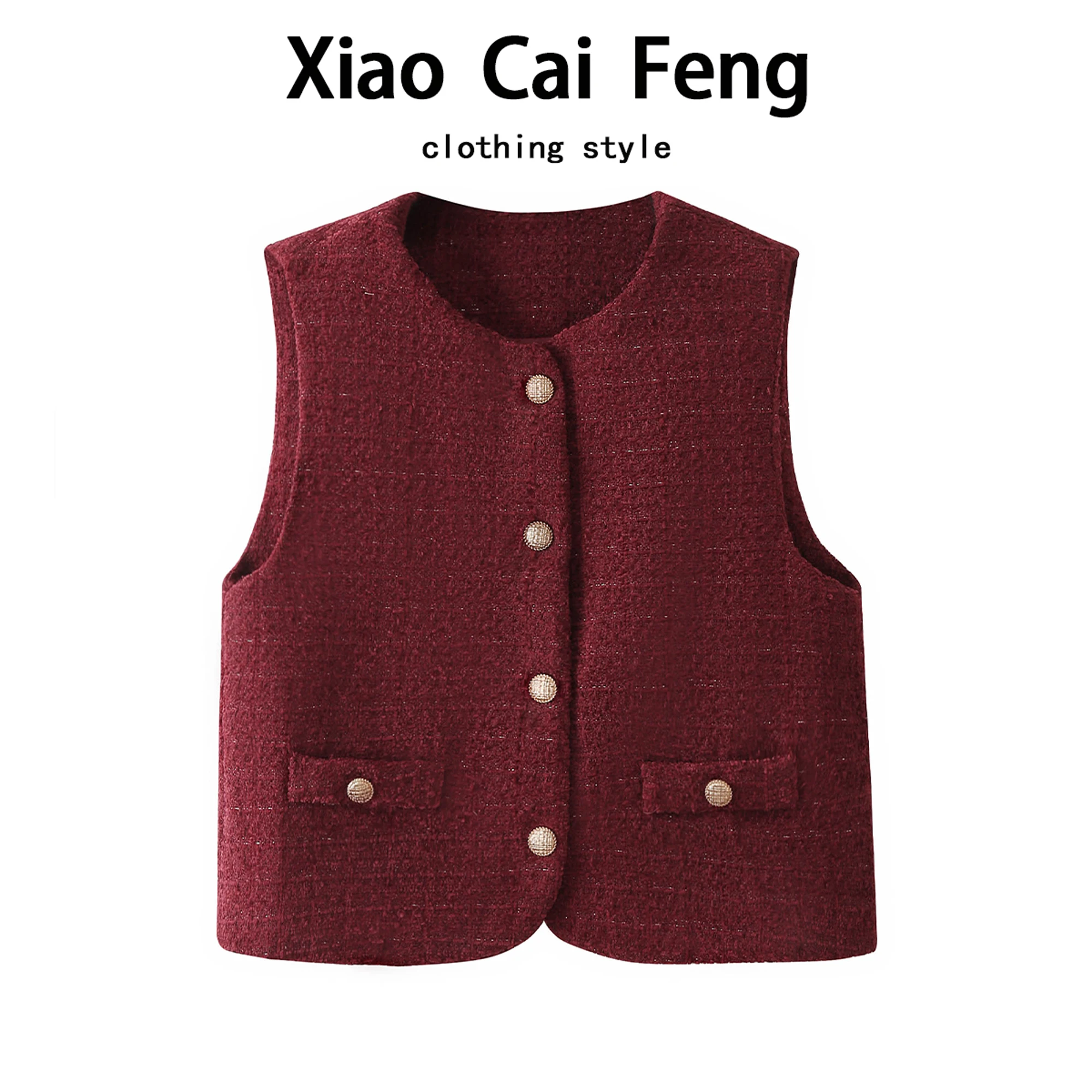 

Red Woolen Tweed Vest Women's ort Outerwear Autumn Winter Svel Faion Versatile Thiened Cotton Blend round Ne