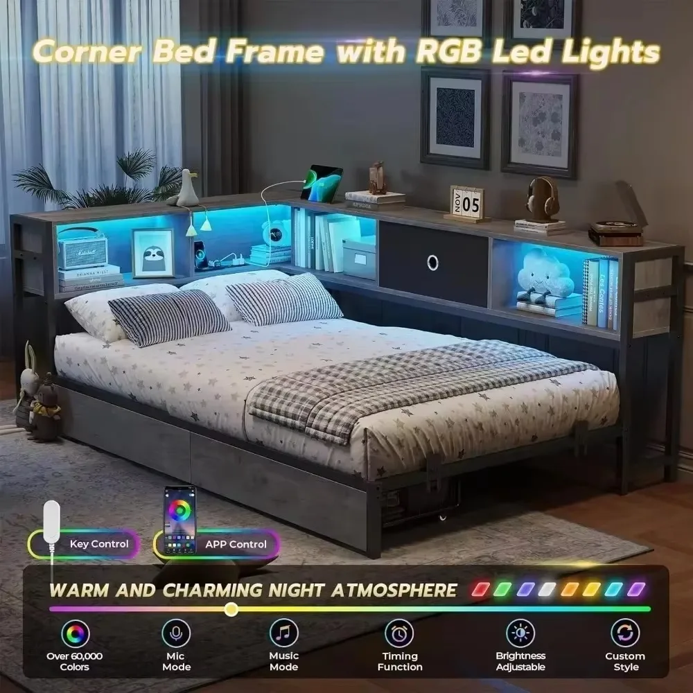 Estrutura de cama de canto com estante e luz LED, estrutura de cama de plataforma de metal de tamanho duplo, com espaço de armazenamento para quarto e quarto de hóspedes