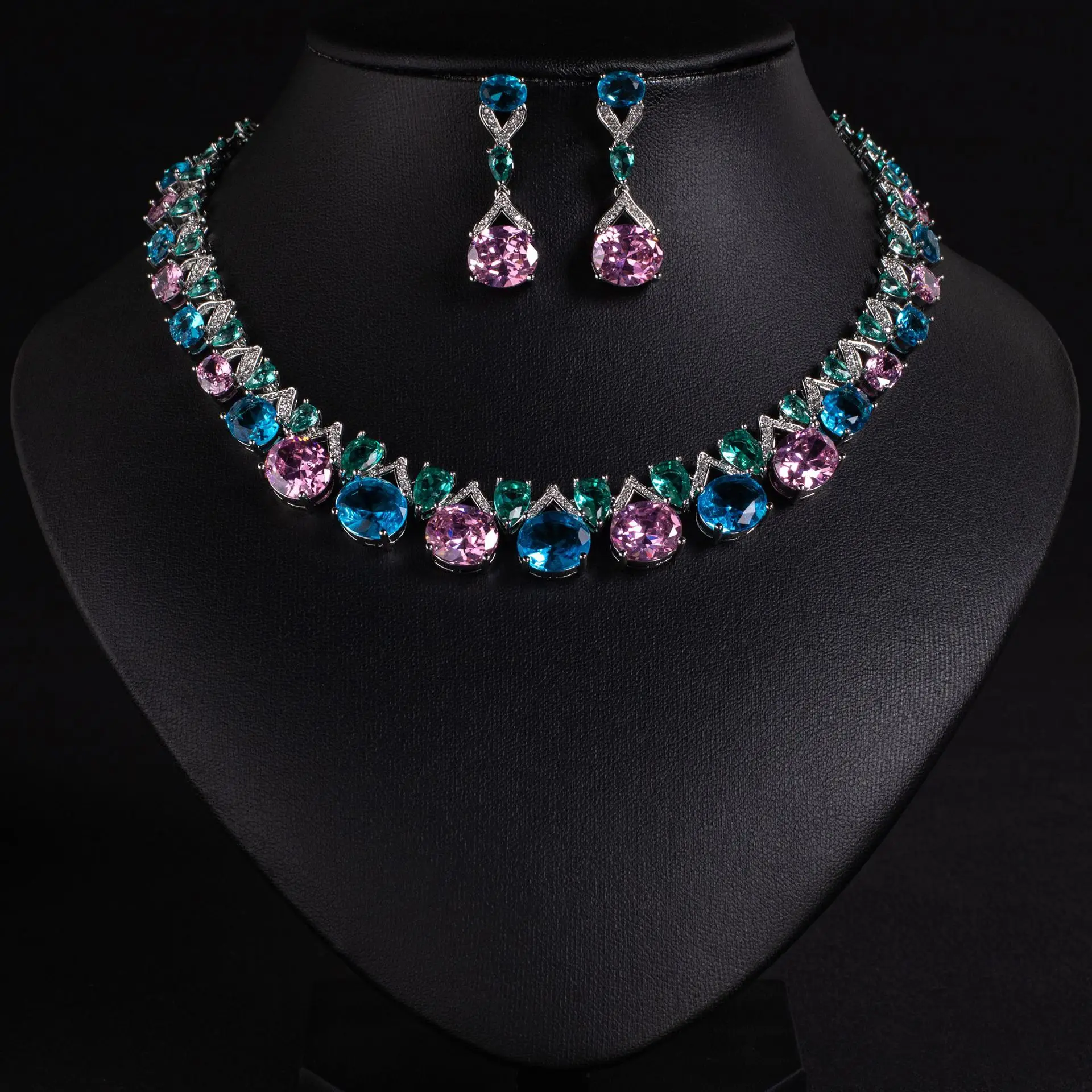HIBRIDE Colorful Light Luxury Jewelry Dress High Exquisite Accessories Necklace and Earring Set Wedding Travel Gift S-1275