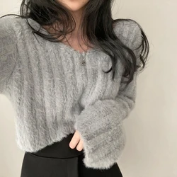 V-neck Short Knit Pullovers Women Fall Winter Korean Casual Loose Long-sleeved Sweater Tops 4 Colors