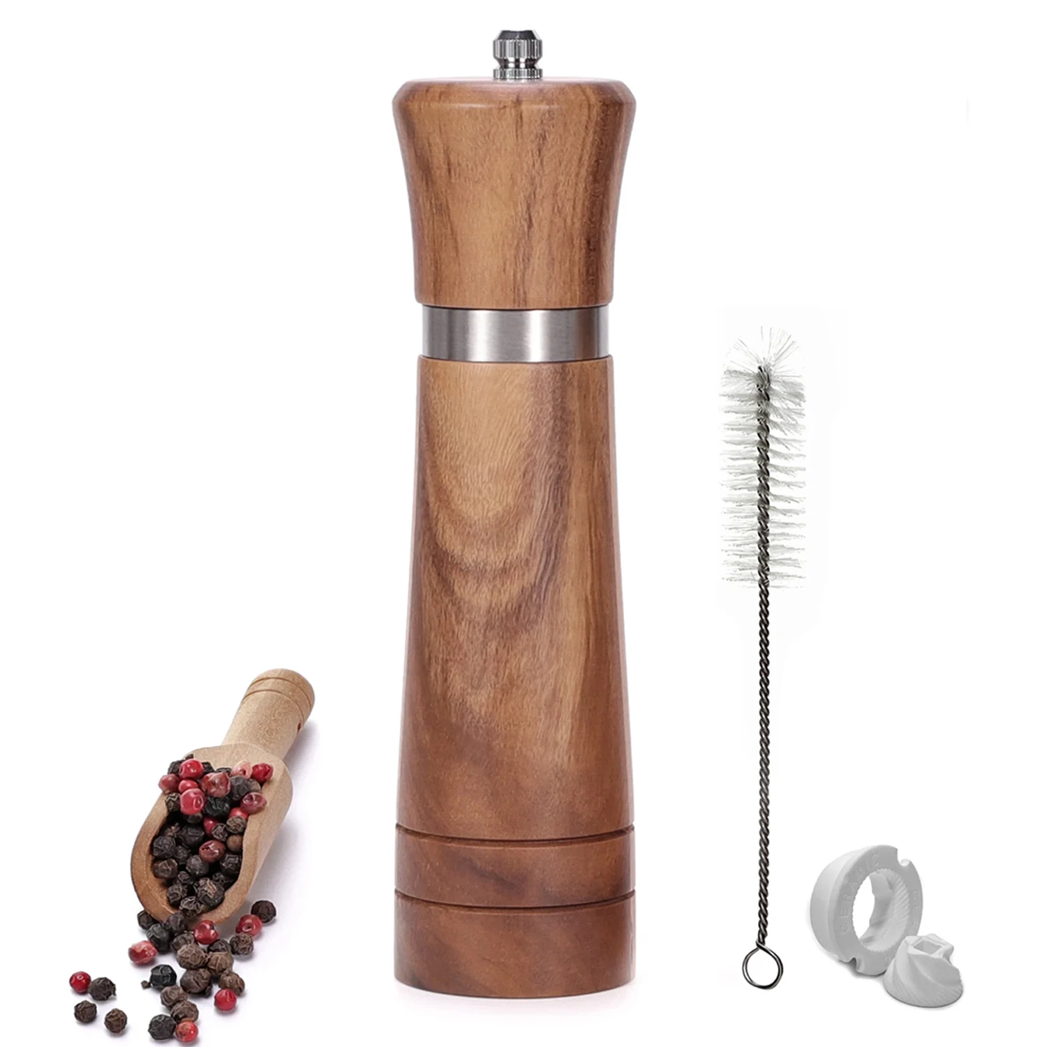 Pepper Grinder, 1pc Wood Salt and Pepper Grinder Mills Sets (included a spare ceramic and brush), Salt Shakers for your kitchen