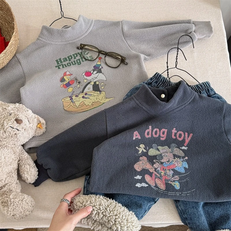 

2025 Autumn and Winter Clothing New Children's Plush Thick Cartoon Pattern Small High Neck Hoodie