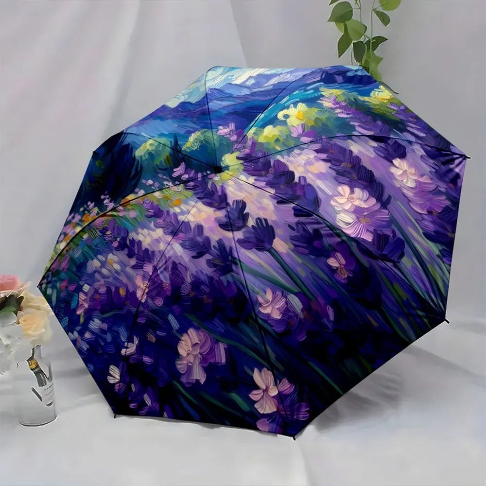 1PC Van Gogh-Inspired Umbrella with Lavender Field Design Print 8 Iron Ribs Folding Umbrella Auto-Open Fashion Sunshade