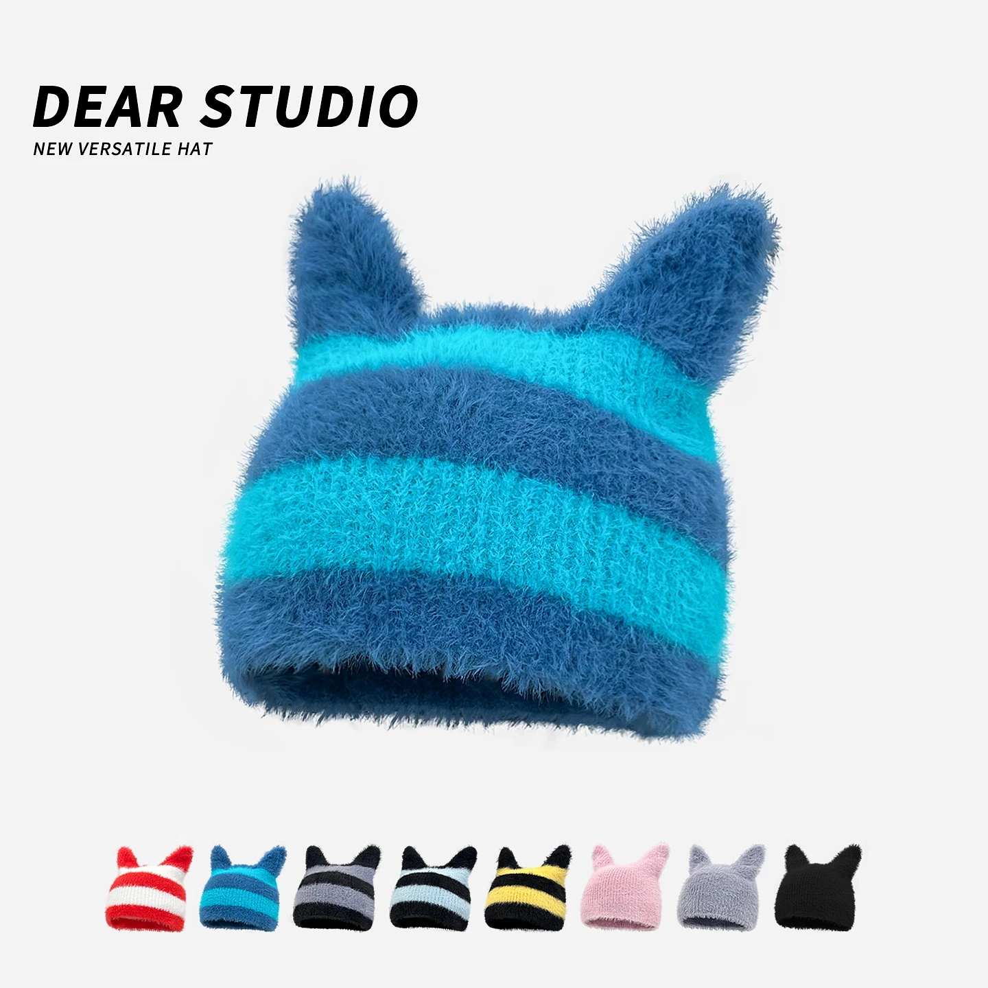 

Women Autumn and Winter Striped Cat Ear Knitted Beanie Hat Plush Cute Cat Wool Y2k Niche Subculture Cold Hat