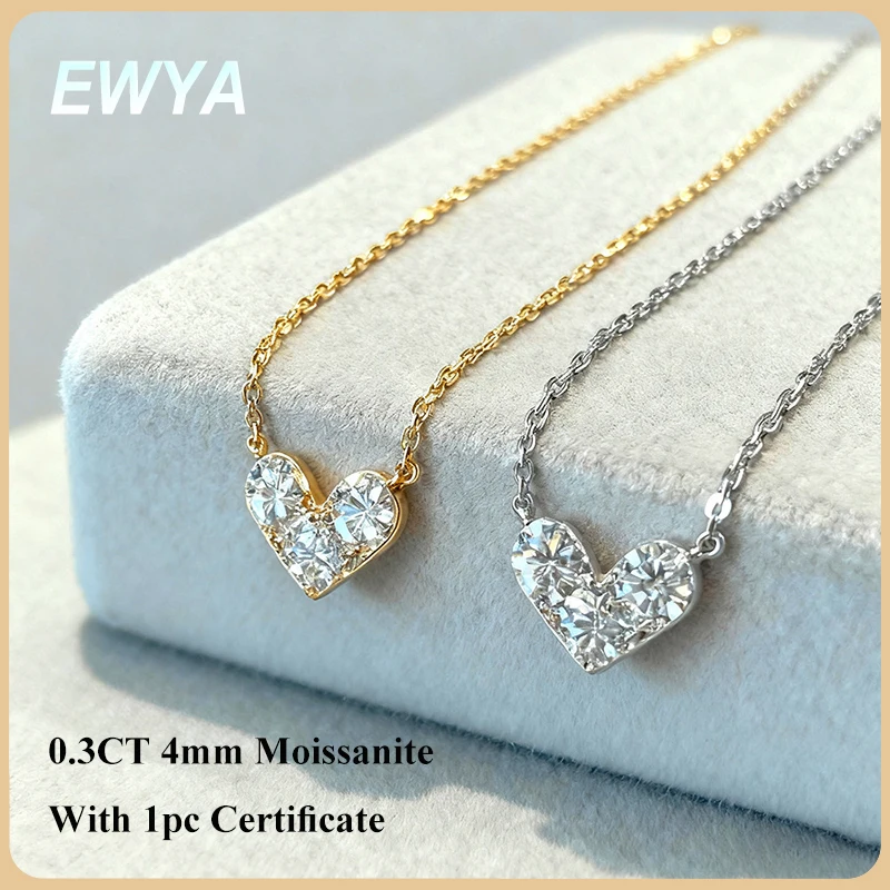 

EWYA 3-Stone Round Cut Full Moissanite Pendant Necklace Heart Shape for Woman 925 Silver Certified Lab Diamond Lucky Neck Chain