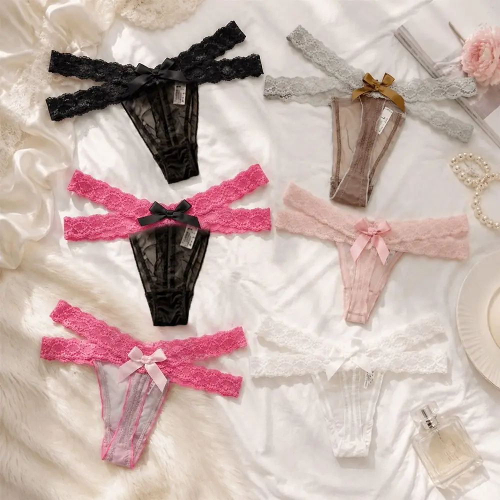 Sweet Low Waist Lace Thongs Cross Belt Transparent Mesh Bow Thong Underwear Lingerie Ladies T-back Briefs Girl - view 3