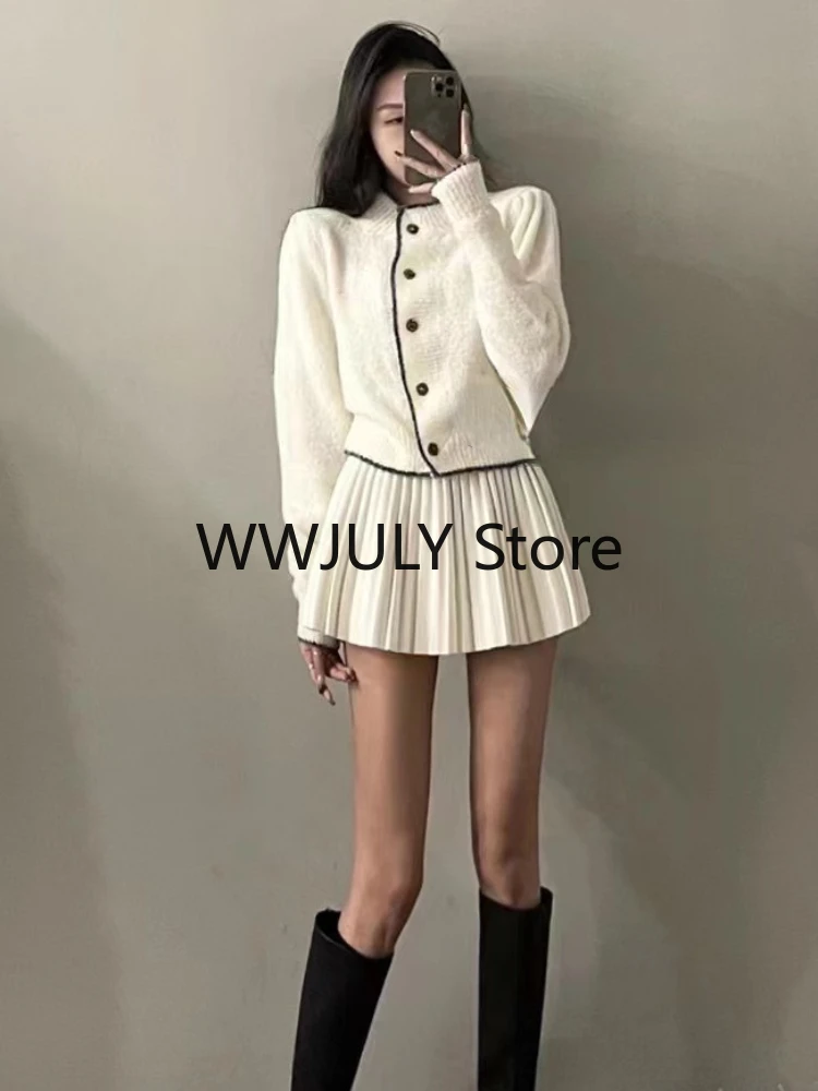 2023 autunno Outwear maglione lavorato a maglia bianco Cardigan + donna elegante minigonna Y2k moda coreana abito lavorato a maglia Office Lady Chic