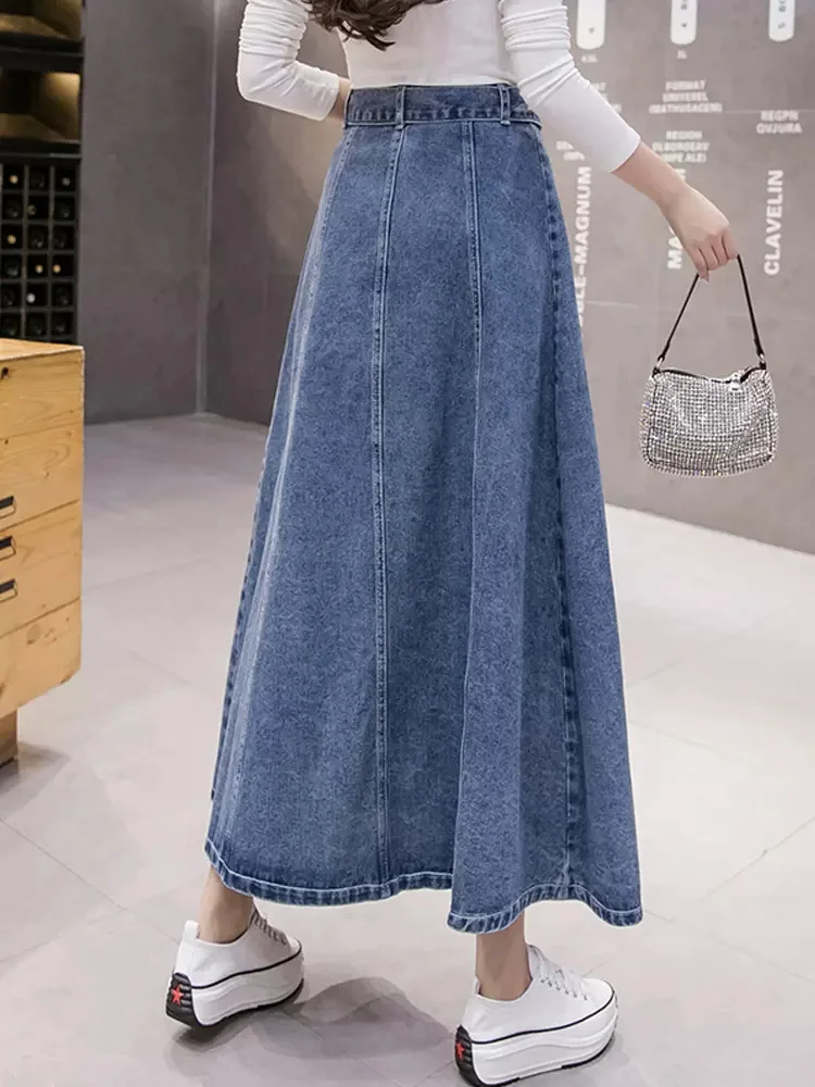 New Women Spring Summer Long Denim Skirt Fashion Patchwork Single Breasted High Waist Skirt Casual Loose Light Blue Jeans Skirt