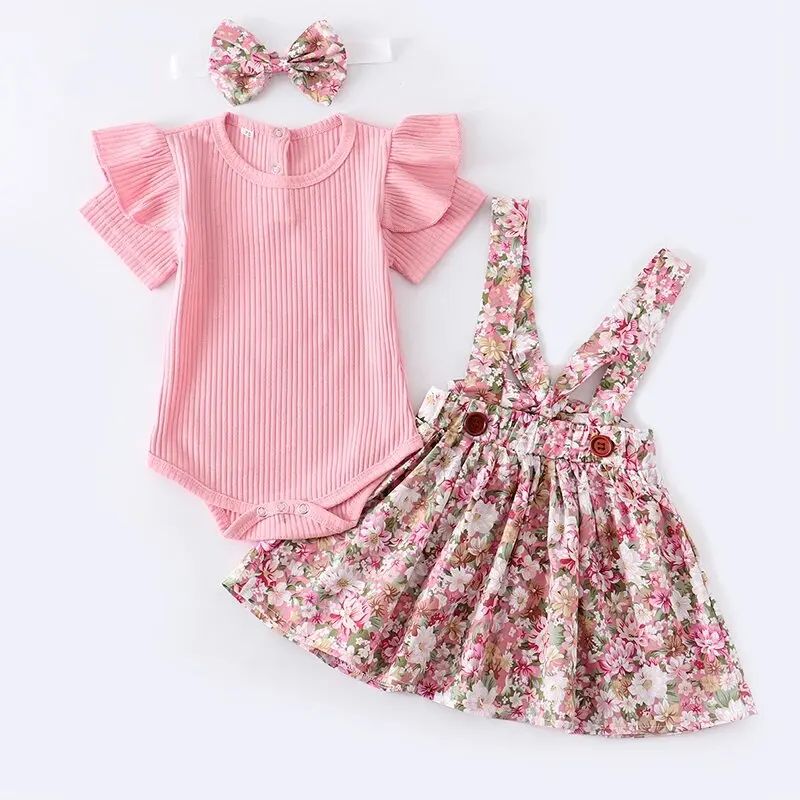 Summer Newborn Baby Girl Clothes Set Short Sleeve Romper Floral Dress Overalls Headband 3Pcs Toddler Infant Clothing Cute Outfit