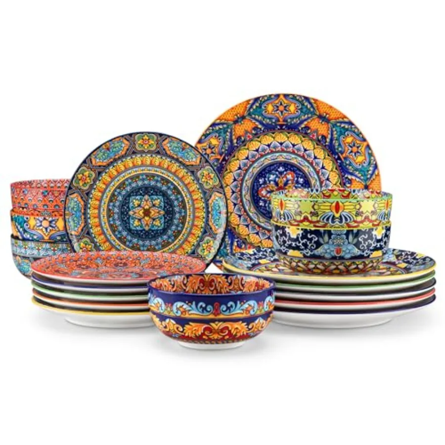 18-Piece Bohemian Style Ceramic Dinnerware Set for 6 Porcelain Plates and Bowls in Neutral Tones Microwave and Dishwasher Safe