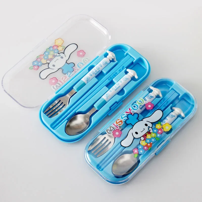 MINISO Kawaii Hello Kitty Children's Chopsticks, Forks, Spoons, 3-Piece Anime and Cartoon Cinnamoroll Portable Tableware Set