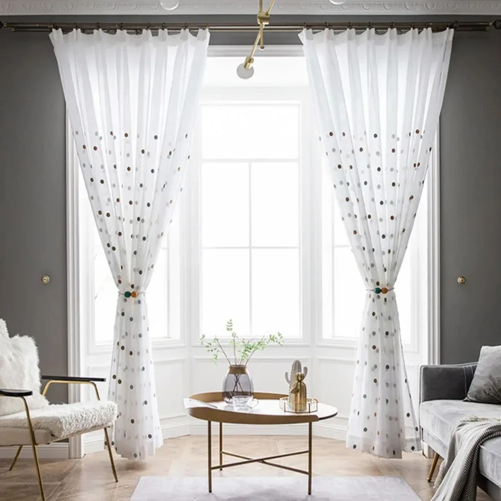 Colorful Circle Embroidery Sheer Curtains for Living Room Drapes White Window Screen Cotton Linen Bedroom Tulle Curtain
