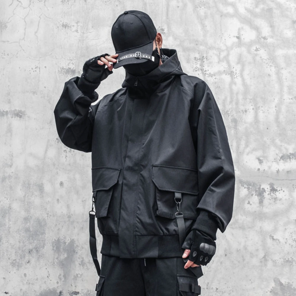 AOGZ Winter Thick Coat Ribbons Zipper Cargo Jacket Men Hooded Windbreaker Jacket Thick Hip Hop Streetwear Loose Outwear Techwear