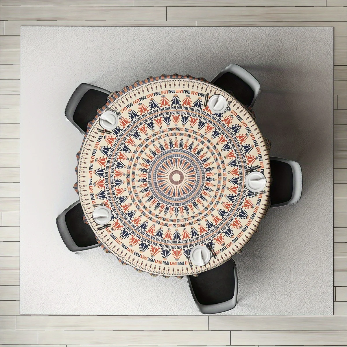 One vintage ethnic mandala print tablecloth, 62 inches in diameter, 100% polyester woven
