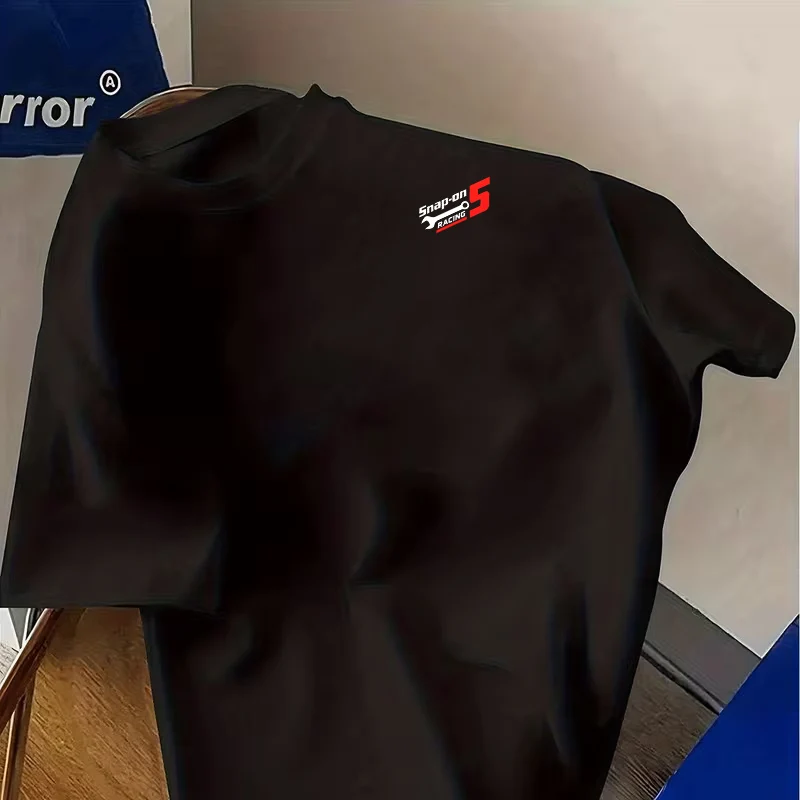Snap-Button Pattern Motorcycle Double Sided Print T-Shirt Men's Summer Short-sleeved Round Neck Casual Streetwear Tops Tee