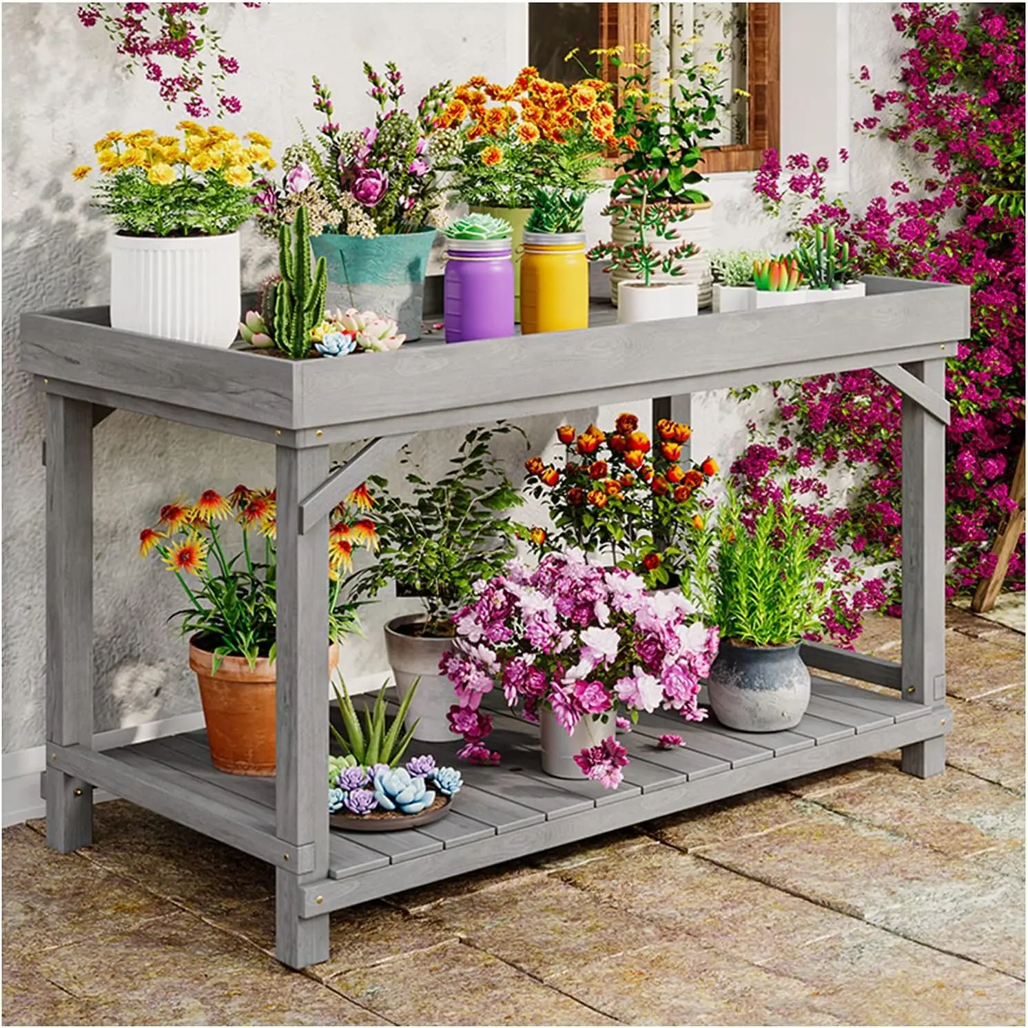 Garden Pot Bench Table, 2-Tier Plant Shelf,Indoor Outdoor Flower Pot Display Shelf Rack, Multiple Ladder Stand Planter Holder