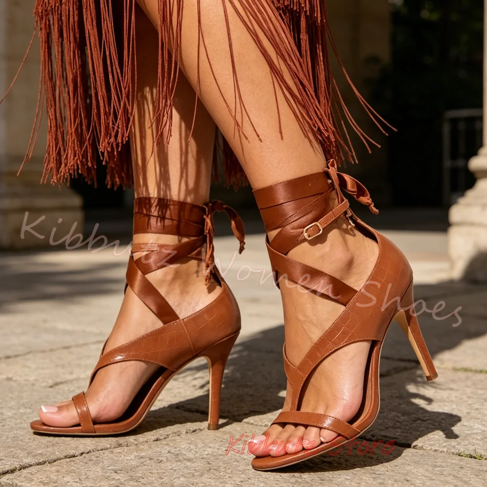 Stiletto Heel Women Sexy Sandals Leather Criss Cross Strap Open Toe Ankle Wrap T Strap Leather Splicing Party Shoes Fashion New