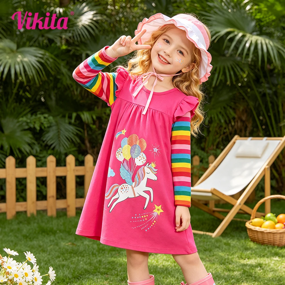 VIKITA Mädchen-Kleid mit Einhorn-Print, Regenbogen-Streifen und Rüschenärmeln, gerades Kleid für Kinder, Baumwolle, lässig, täglich, weich, gemütlich, rosa Outfit-Kleider