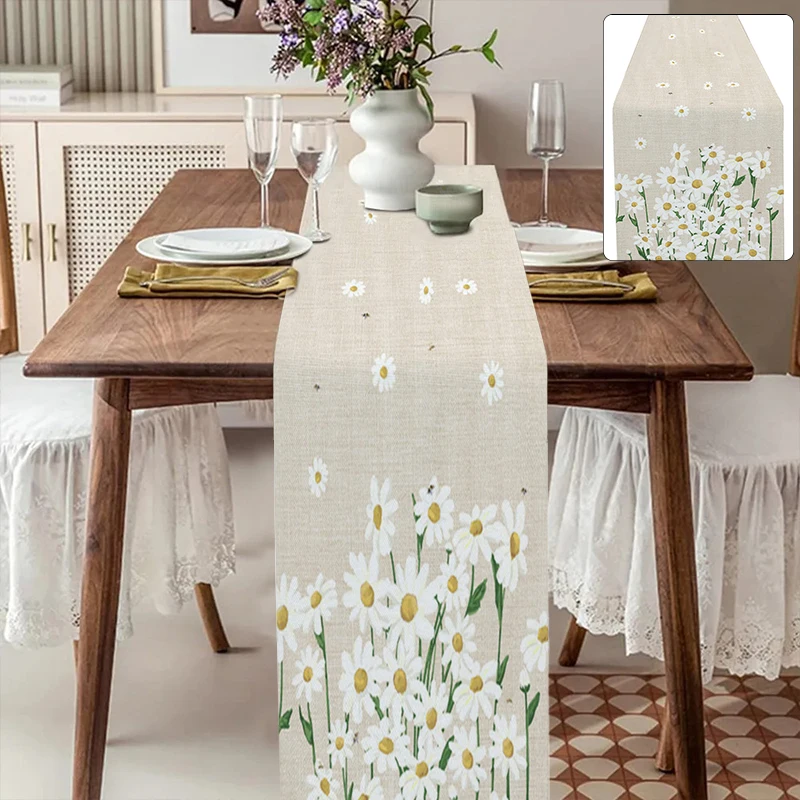 1PCS White Daisy Table Runner Rustic Cotton Linen Daisy Table Flag Colorful Printed Table Cover Fresh Style Home Decoration