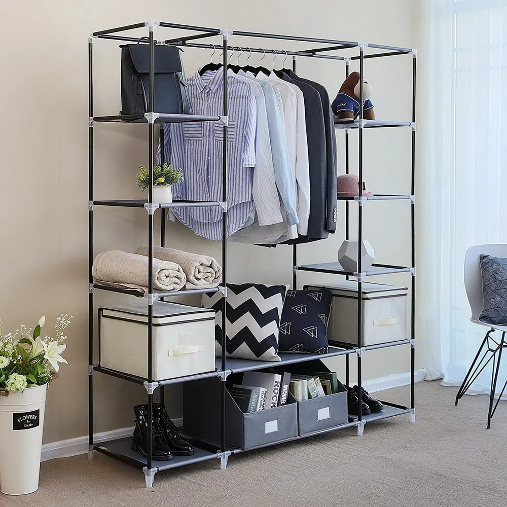 Multi-Purpose Closet Organizer Modular Wardrobe System with Shelves, Hanging Rods, and Storage Bins